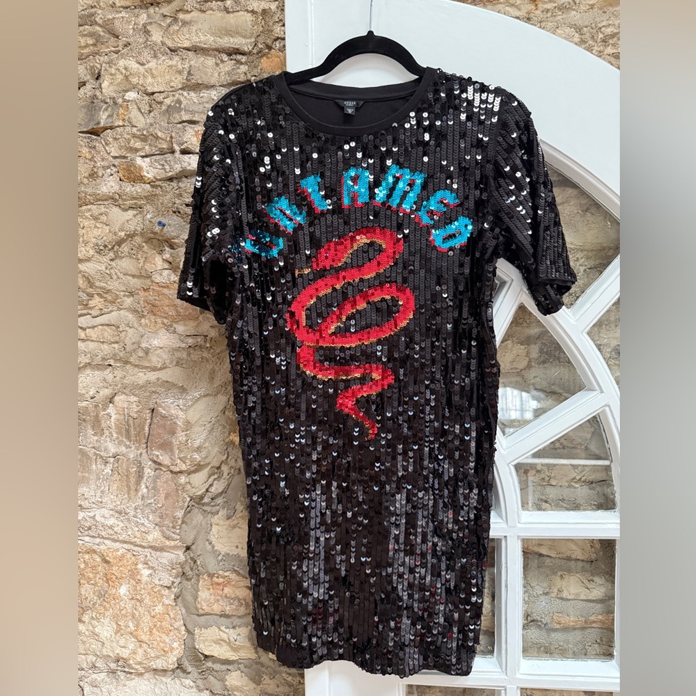 Guess Black Sequin Tshirt Dress with Red Snake and Blue lettering “Untamed” XS